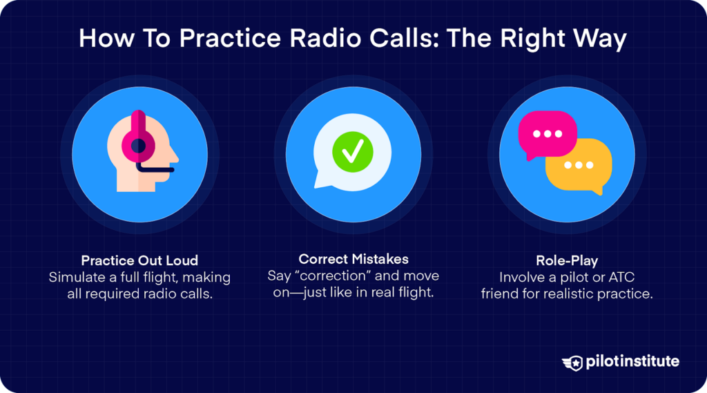 Graphic showing tips for practicing radio calls: practicing out loud, correcting mistakes, and role-playing with a pilot or ATC friend.