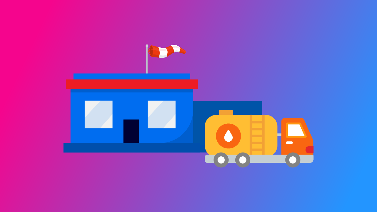 Infographic showing an airport FBO building, windsock, and fuel truck explaining what a fixed-base operator is.