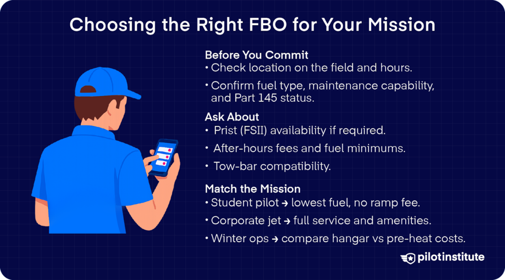 FBO selection infographic explaining how pilots choose a fixed-base operator based on fuel availability, maintenance services, fees, and mission needs.