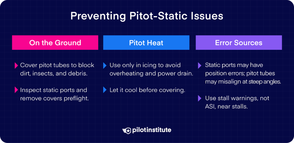 Tips for preventing pitot-static issues, including covering tubes, using pitot heat correctly, and addressing static port errors.