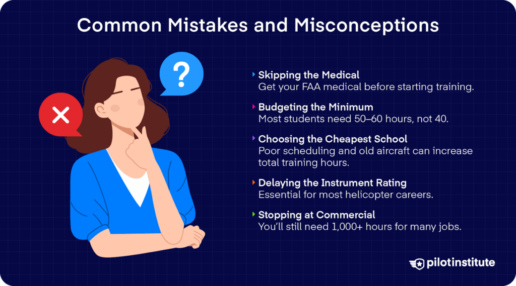 Helicopter pilot training mistakes infographic showing common misconceptions about hours, medicals, and certifications.