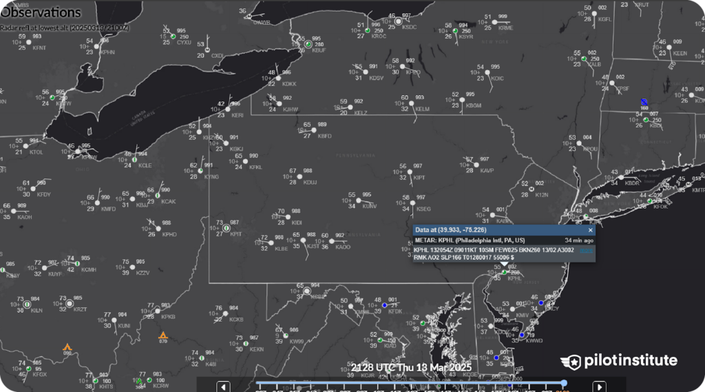 Weather observation map displaying METAR reports across the northeastern U.S., with KPHL (Philadelphia Intl) weather details highlighted.