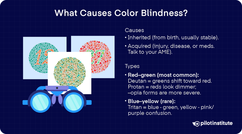 Infographic showing Ishihara color test plates and text explaining inherited and acquired causes of color blindness, including red–green and blue–yellow types.