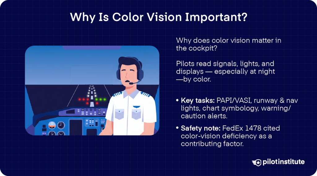 Illustration of a pilot in a cockpit at night with colored lights on the runway, explaining how color vision helps pilots interpret signals, lights, and alerts.