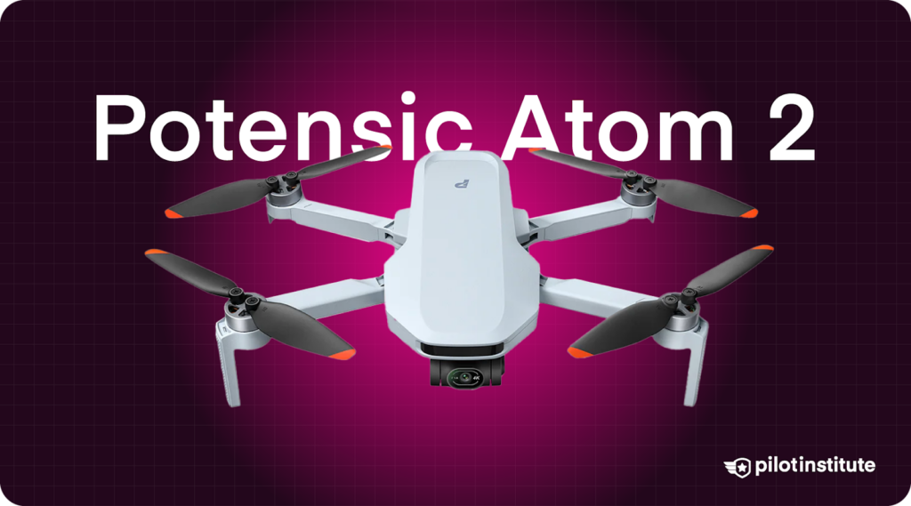 Potensic Atom 2 lightweight foldable drone with four propellers, shown on a magenta background with Pilot Institute branding.