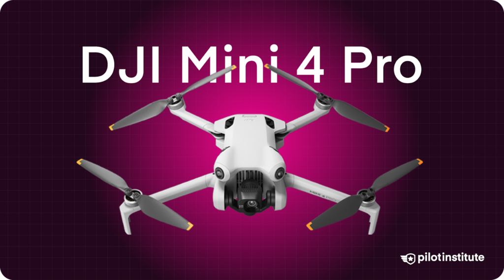 DJI Mini 4 Pro drone with four propellers and a forward-facing camera, shown on a magenta background with Pilot Institute branding.