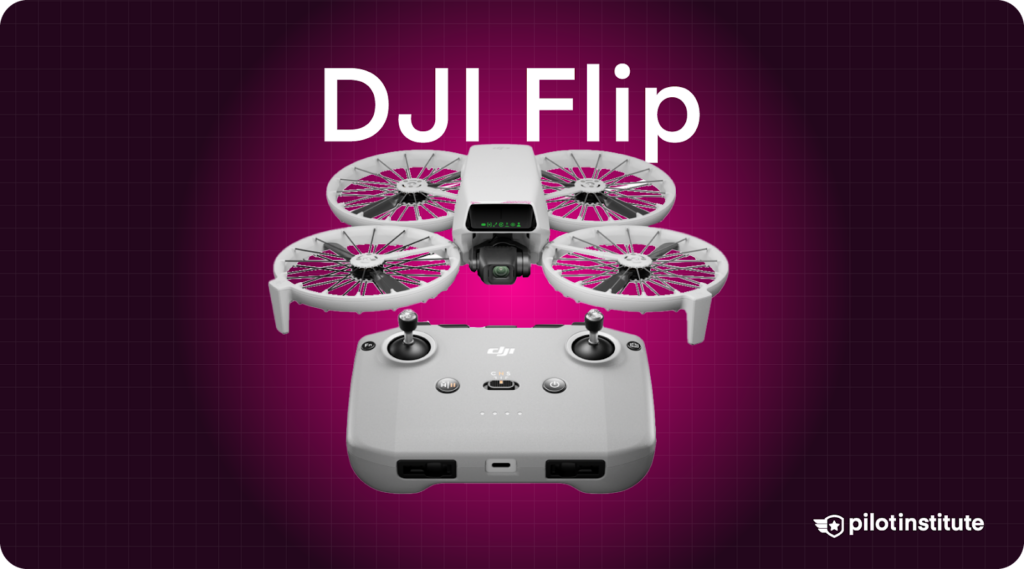 The DJI Flip with four ducted propellers and a DJI-style remote controller, on a magenta background with Pilot Institute branding.