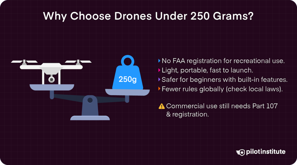 Infographic showing benefits of drones under 250 grams, including no FAA registration for hobbyists, with a drone and weight scale illustration.