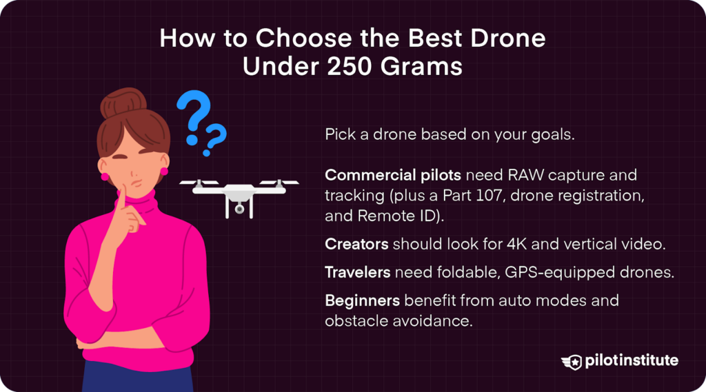 Infographic showing a woman choosing a drone under 250 grams, with advice for commercial pilots, creators, travelers, and beginners based on drone features and FAA rules.