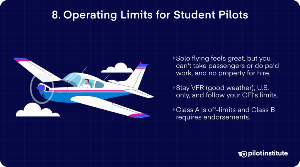 Slide showing pilot logbook; notes that CFI pre-solo endorsements are required, are make-and-model specific, valid 90 days, and additional ones are needed for night, solo cross-country, and Class B/C/D operations.