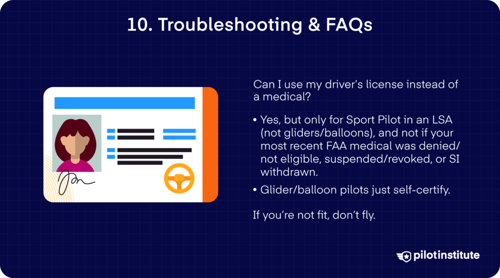 FAQ card: when sport pilots can use a driver’s license instead of a medical; glider/balloon pilots self-certify; don’t fly if unfit.