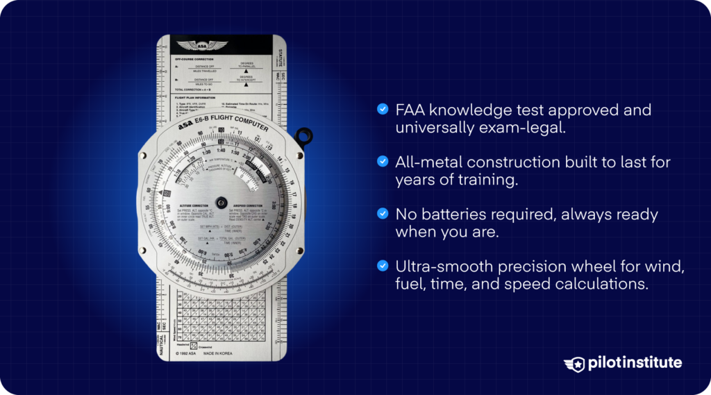 All-metal mechanical E6B flight computer with a precision circular slide rule and reference tables, shown with text noting FAA knowledge-test approval, battery-free operation, durable construction, and smooth controls for wind, fuel, time, and speed calculations.