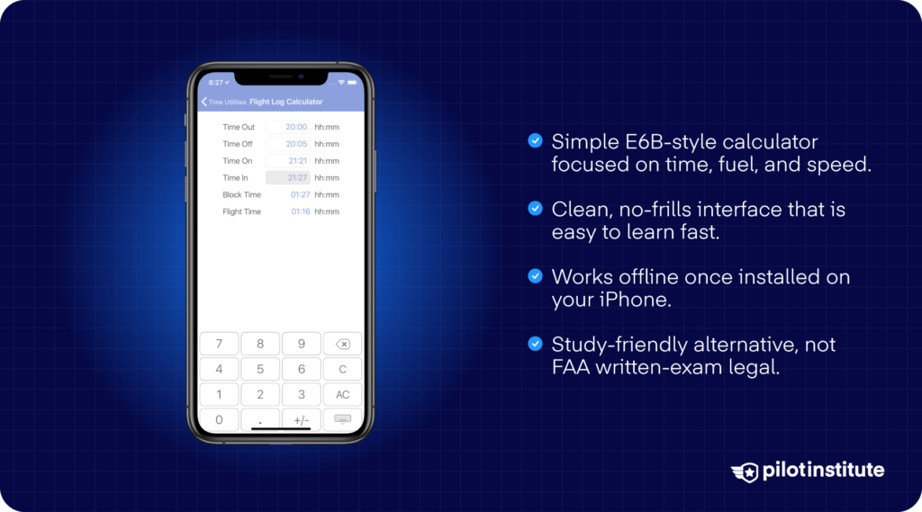 Smartphone displaying a flight log calculator app next to a checklist highlighting a simple E6B-style calculator for time, fuel, and speed, with a clean interface that works offline and is a study-only alternative not approved for FAA written exams.