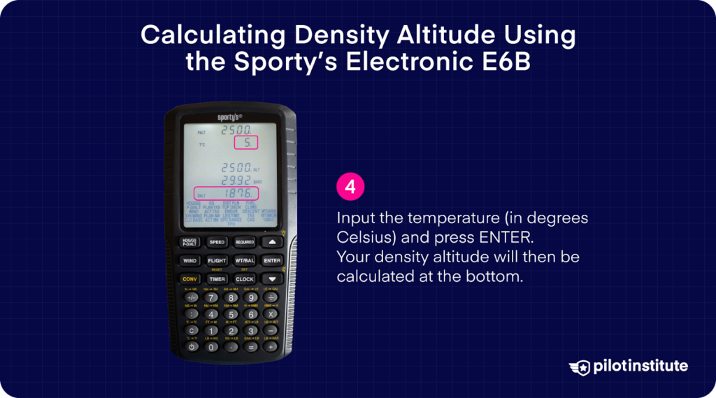 Sporty’s Electronic E6B showing temperature input and resulting density altitude calculation at the bottom of the screen.