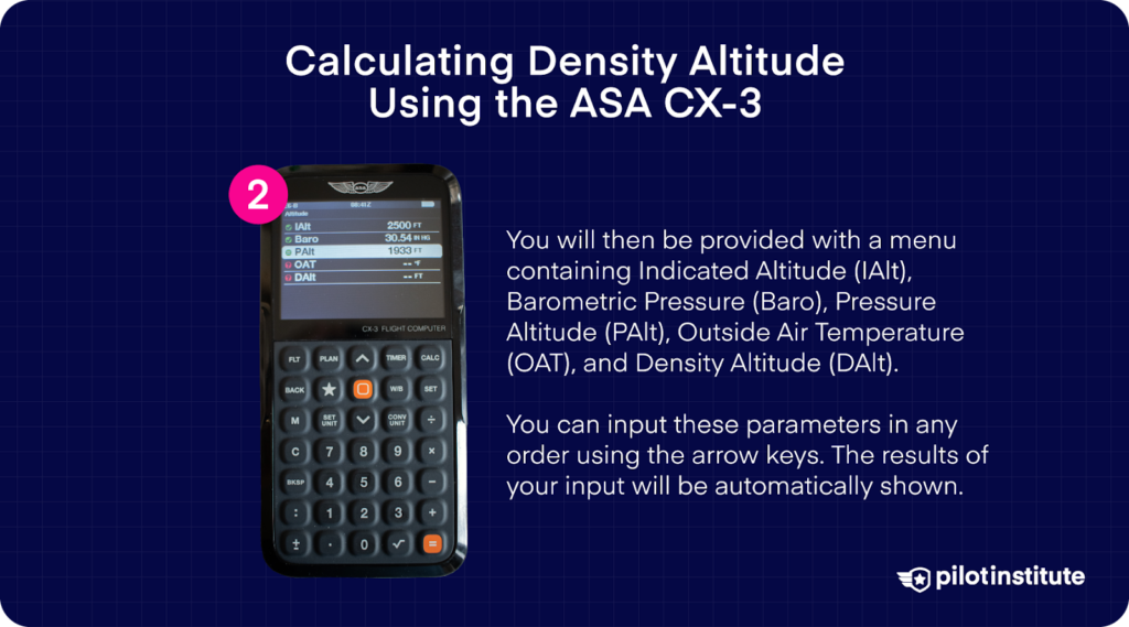 ASA CX-3 flight computer showing the altitude input menu with fields for indicated altitude, barometric pressure, pressure altitude, outside air temperature, and density altitude.