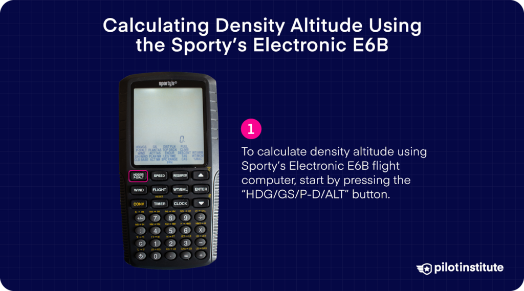Electronic E6B flight computer with instructions to press the HDG/GS/P-D/ALT button to begin calculating density altitude.