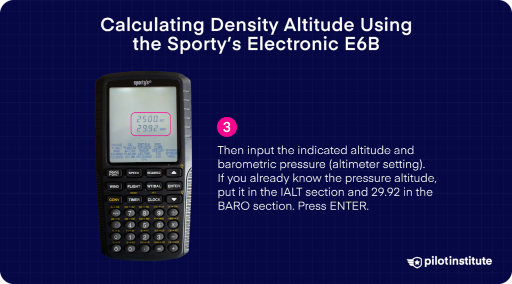 Sporty’s Electronic E6B flight computer with example values for indicated altitude and barometric pressure displayed for calculating density altitude.