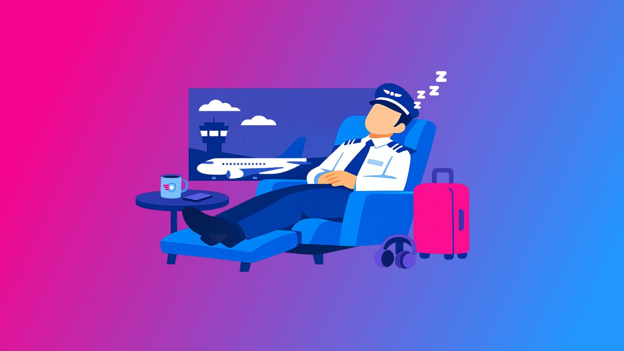 Illustration of a pilot sleeping in an armchair with Z's floating above, an airport control tower and clouds in the background.