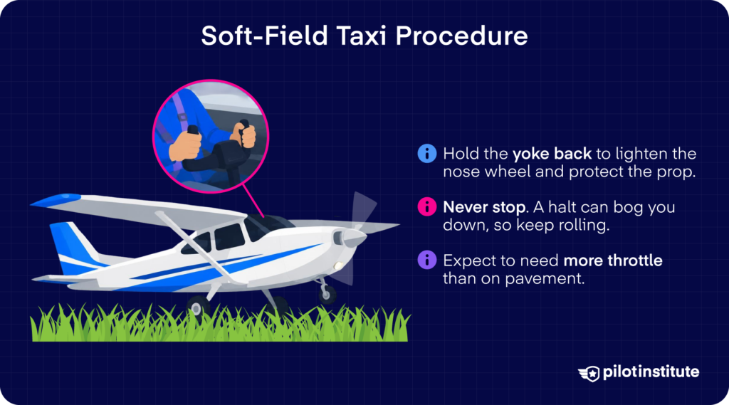 Soft-field taxi procedure with back-elevator, continuous rolling, and extra throttle tips. Pilot Institute.