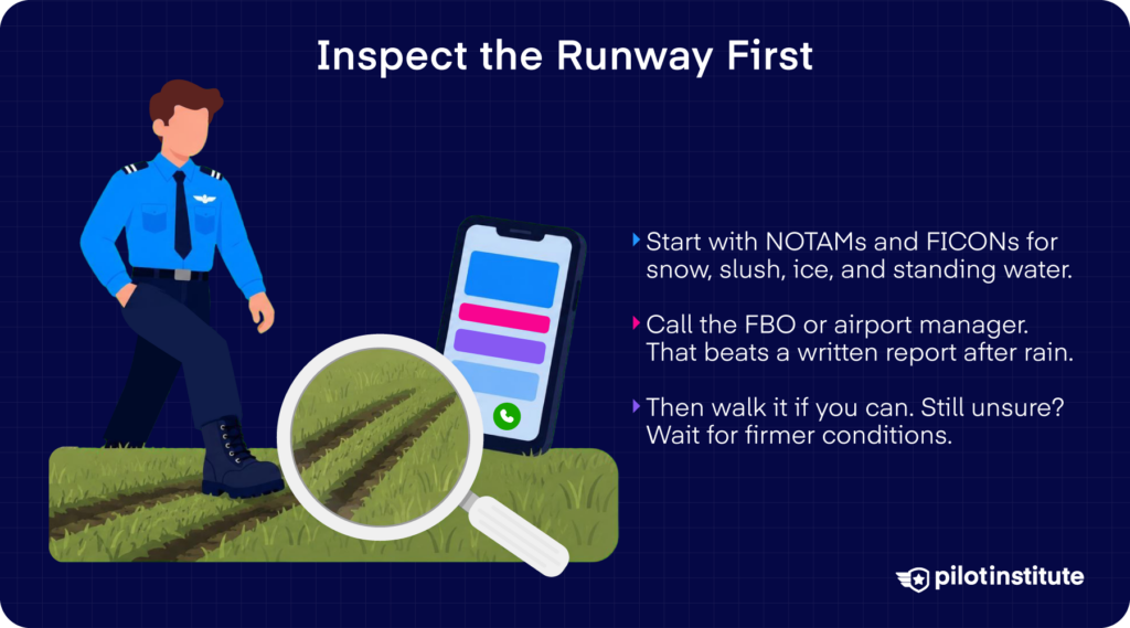 Pre-departure runway inspection checklist for soft-field operations including NOTAMs and site walk. Pilot Institute.