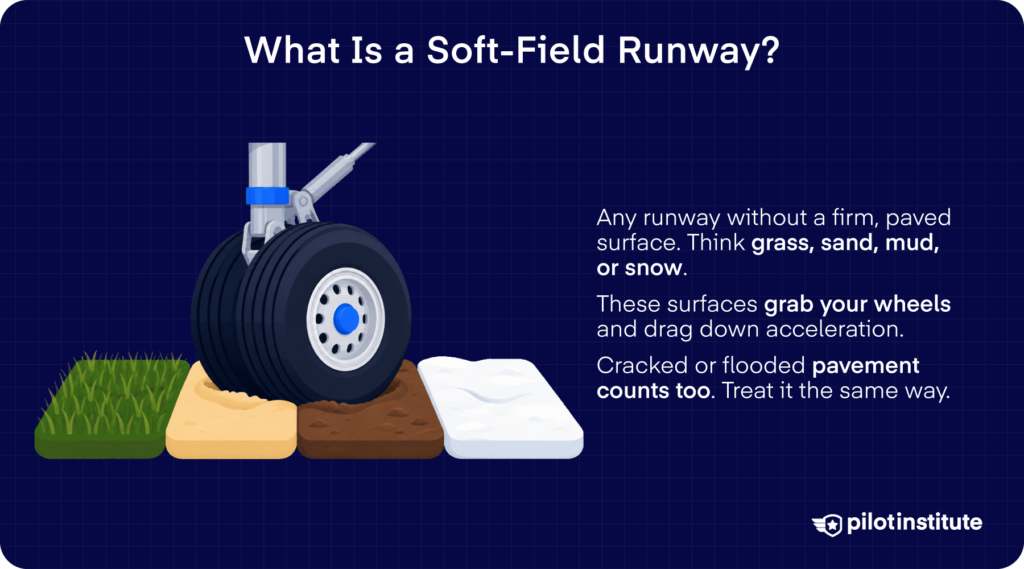 Aircraft wheel rolling across grass, sand, mud, and snow beside a definition of soft-field runways and how they reduce acceleration.