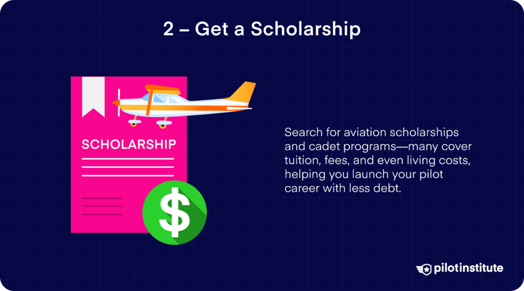 Illustration of a scholarship document with a dollar symbol and a small airplane above it, representing financial aid for flight training.