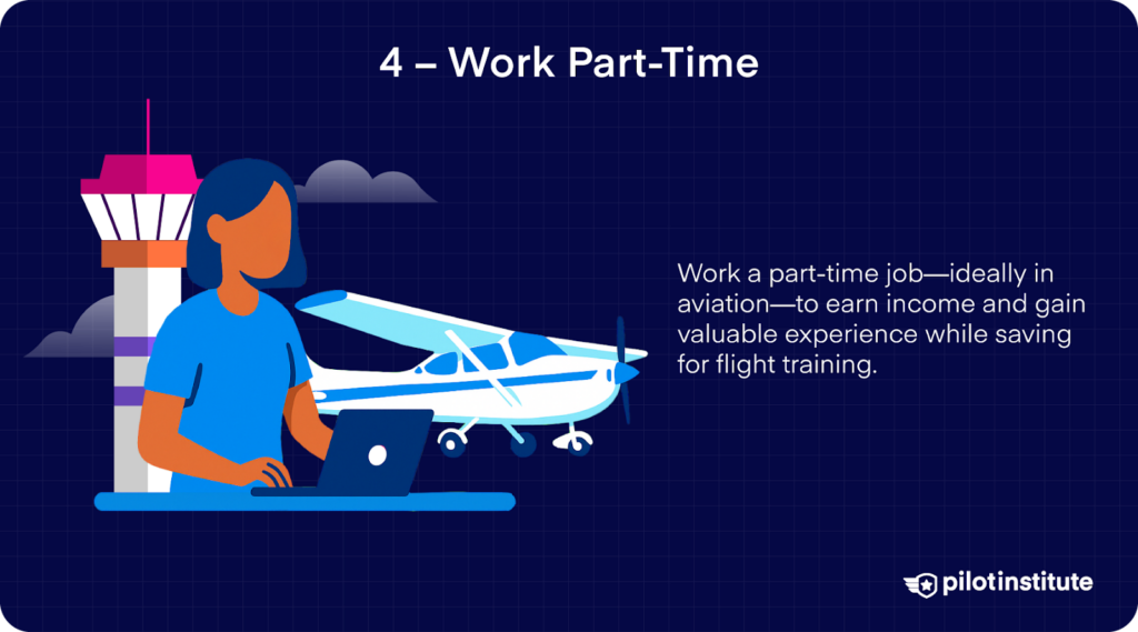 Illustration of a woman working on a laptop in front of a small airplane and control tower, with a caption encouraging part-time aviation jobs to help pay for flight training.