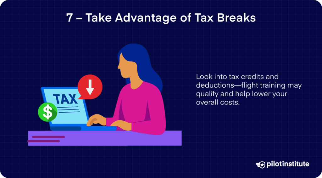 Illustration of a woman at a laptop labeled tax with icons showing a dollar sign and downward arrow, representing tax breaks for flight training.