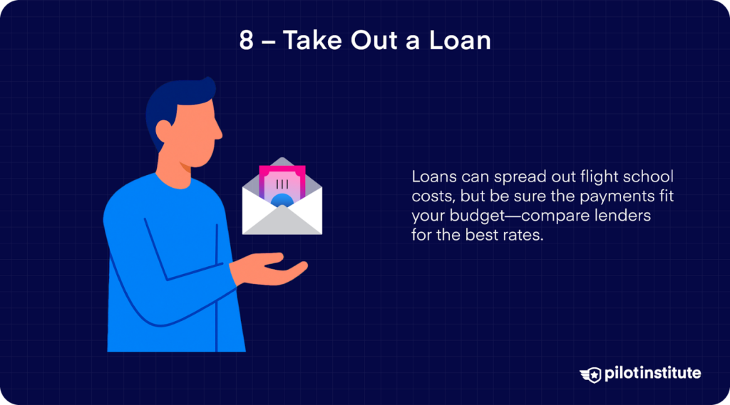 Illustration of a person holding an envelope with cash inside, representing taking out a loan for flight school expenses.