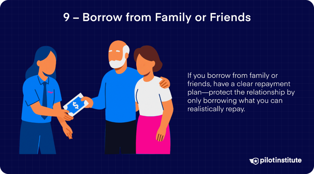 Illustration of a in a flight uniform who receives money from two older adults representing borrowing funds from family or friends for flight training.
