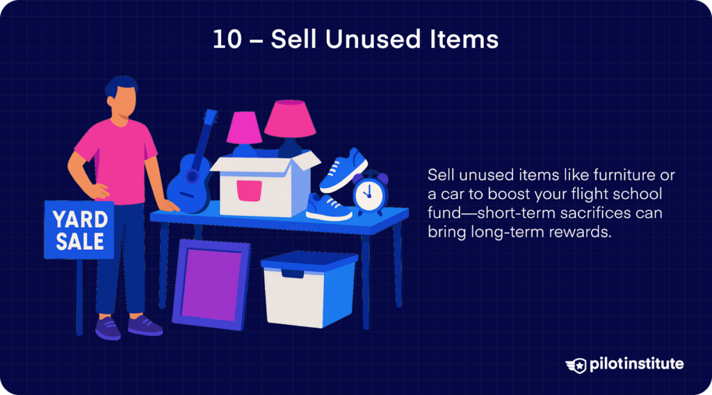 Illustration of a person hosting a yard sale with a table of items including a guitar, lamp, sneakers, and storage boxes to raise money for flight school.