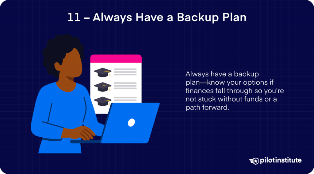 A person using a laptop with a checklist of graduation caps, symbolizing backup education or funding plans.