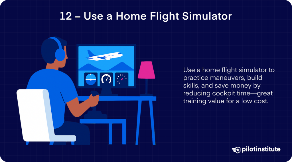 Illustration of a person using a home flight simulator with a joystick and headset, practicing maneuvers to build skills and reduce cockpit time for flight training.
