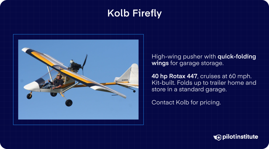 Kolb Firefly ultralight infographic: high-wing pusher with quick-folding wings and Rotax 447 engine.