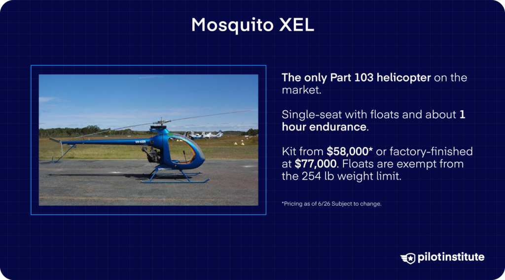 Mosquito XEL infographic describing the only Part 103 helicopter, single-seat with floats and $58,000 kit.