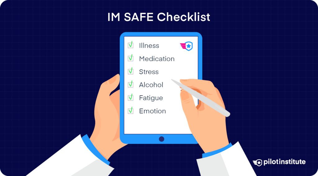 IMSAFE checklist on a tablet listing illness, medication, stress, alcohol, fatigue, and emotion, with all items checked off.