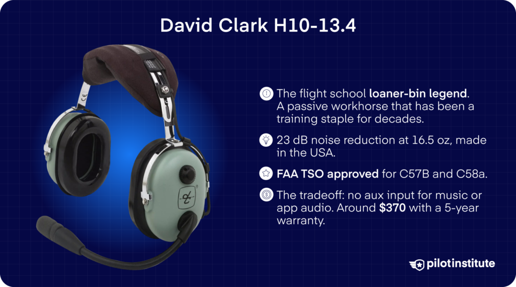 David Clark H10-13.4 aviation headset card, passive training headset with 23 dB noise reduction, made in the USA, Pilot Institute