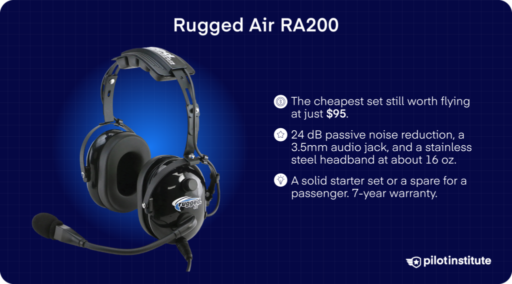 Rugged Air RA200 aviation headset card, cheapest passive headset at $95 with 24 dB noise reduction and a 7-year warranty, Pilot Institute