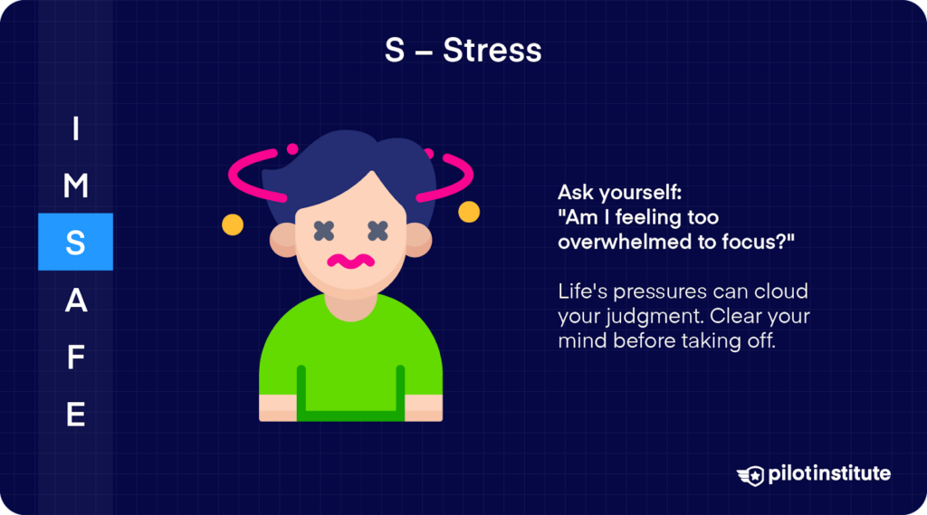 IMSAFE checklist focusing on "Stress" with advice to clear your mind and avoid flying if overwhelmed or unfocused.