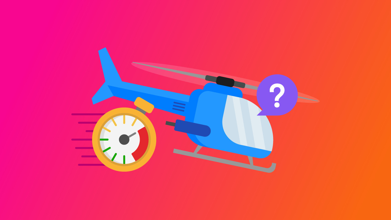 Illustration of a helicopter with a speedometer and question mark.