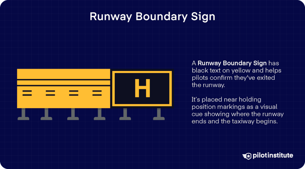 Runway boundary sign with black text on a yellow background, indicating the end of the runway and start of the taxiway.