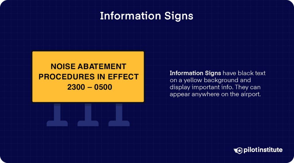 Yellow airport information sign showing noise abatement procedures with active times listed.
