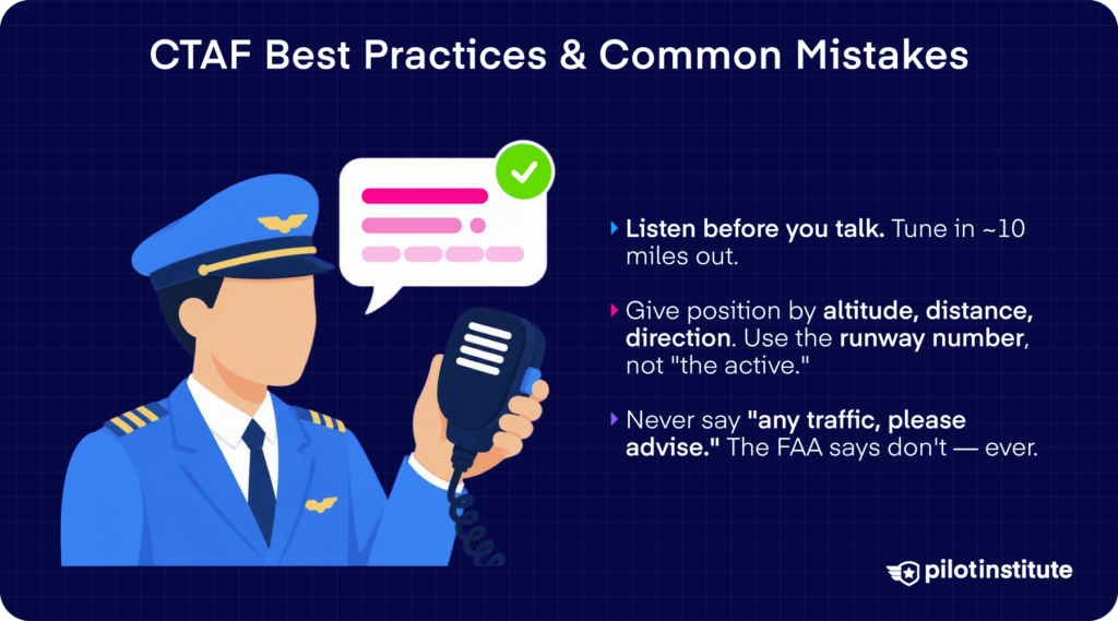 CTAF best practices and common radio mistakes to avoid at non-towered airports. Pilot Institute.
