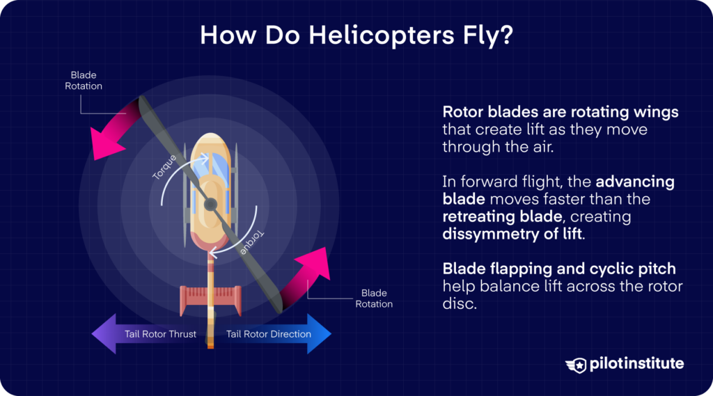 How Do Helicopters Fly?: Top-down rotor diagram showing advancing and retreating helicopter blades.
