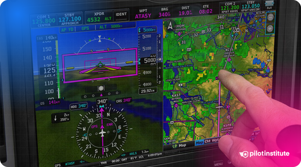 Glass cockpit avionics display showing flight instruments, navigation data, and weather radar, with a pilot's hand interacting with the touchscreen map.