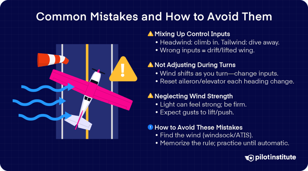 Infographic on crosswind taxi errors: use correct control inputs, adjust in turns, respect wind strength, and check winds/practice.