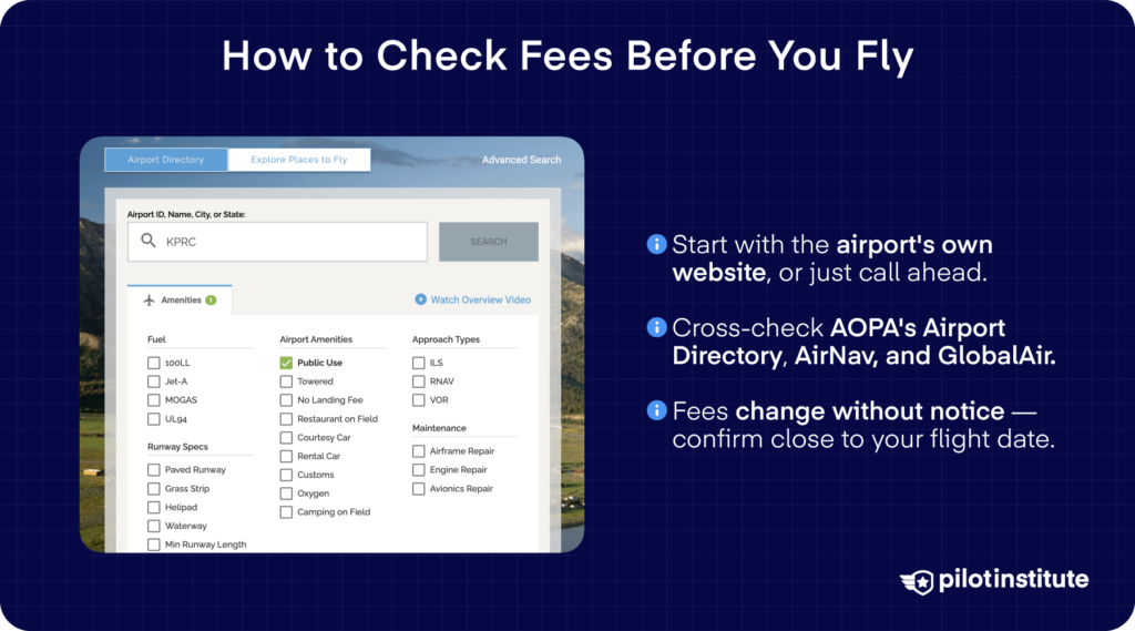 How to check airport fees before flying using AOPA Airport Directory, AirNav, and GlobalAir. Pilot Institute.