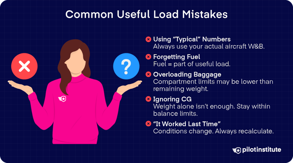 Common useful load mistakes including fuel, CG limits, and incorrect data