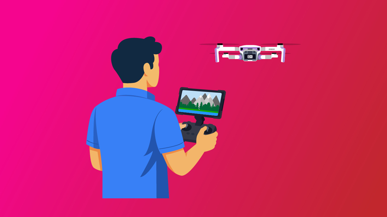 Illustration of a drone pilot flying a drone with a remote controller.