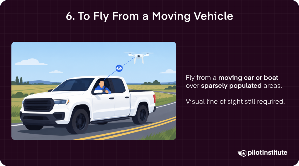 Moving Vehicle: Illustration of a drone being operated from a moving pickup truck.